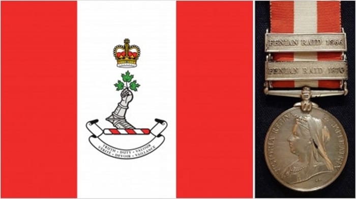 The red-white-red pattern is based on the flag of the Royal Military College of Canada (left) and the ribbon of the Canada General Service Medal of 1899 (right).