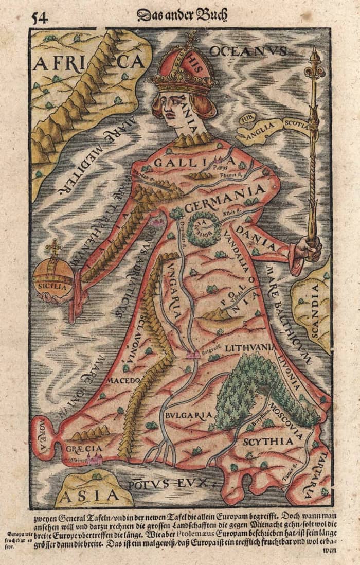 An attempt at portraying Europe as a woman: note how the picture tries to minimize the attachment to Asia.