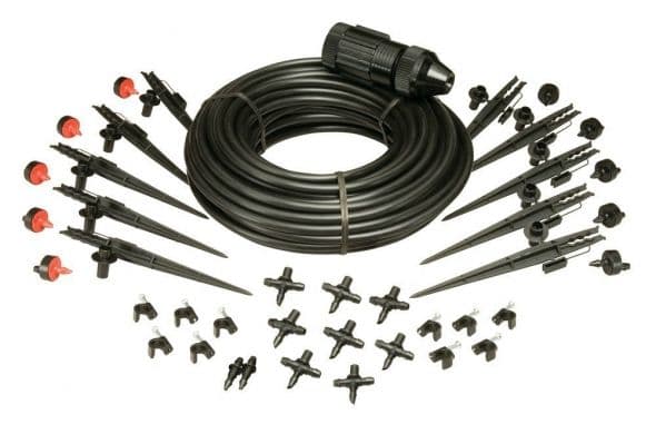 The Rain Bird Drip System Components. This handy kit contains every thing needed to run a drip system through a small garden. Accessorize as needed to include a larger area. This kit will deliver water to up to ten plantings.