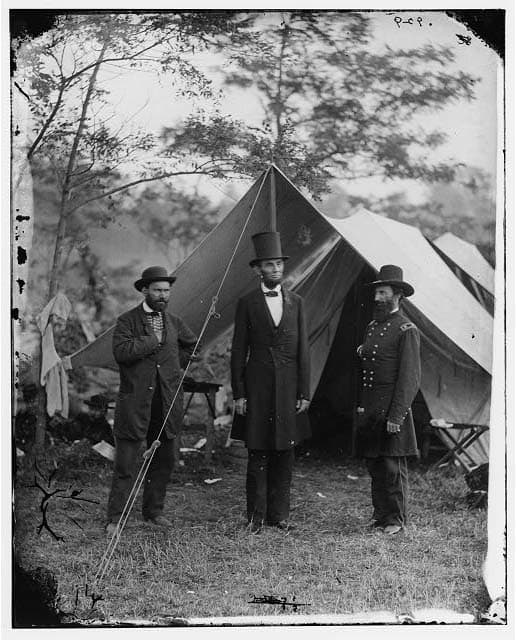 Allan Pinkerton (left), President Abraham Lincoln (centre), and Maj. Gen. John A. McClernand (right) at Antietam, Maryland in 1862.
