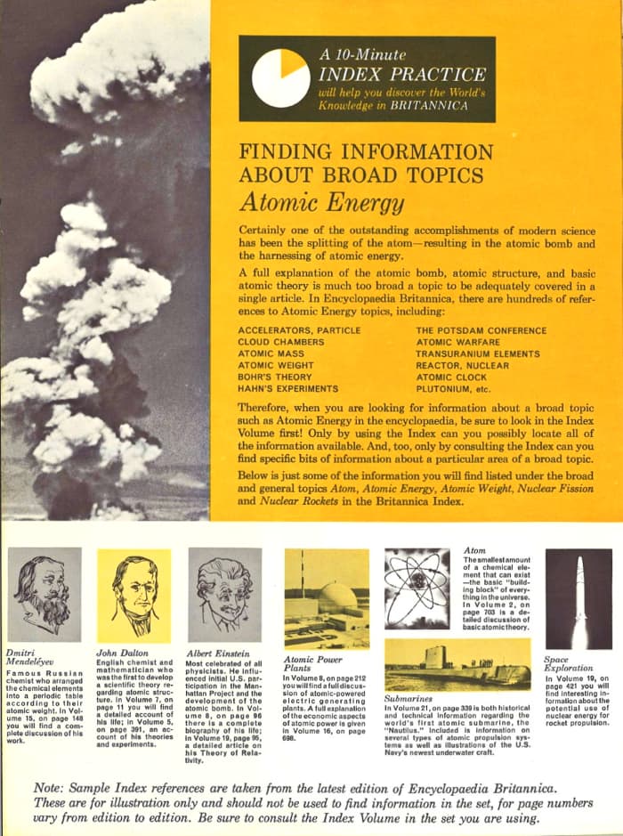 Therefore, when you are looking for information about a broad topic such as Atomic Energy in the encyclopedia, be sure to look in the Index Volume first.