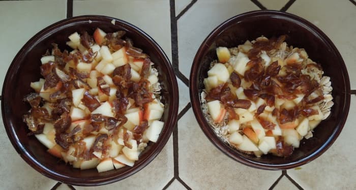 Lay out two empty bowls before preparing ingredients and measure the right amount into each bowl as you build the cereal. i have filled these bowls.