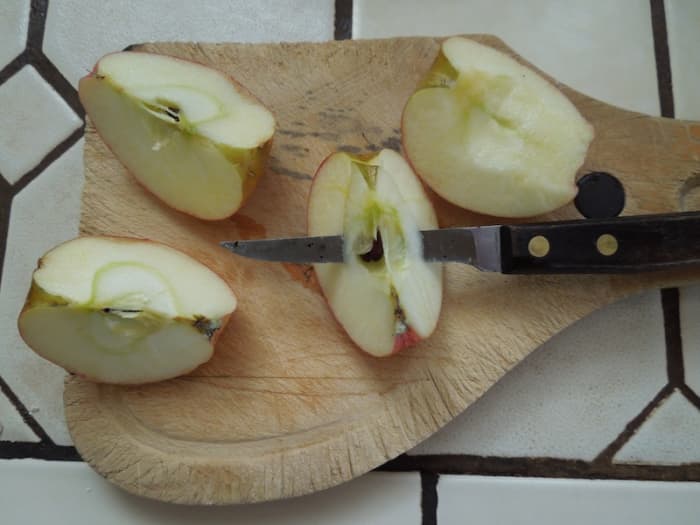 I quarter the apple after washing and then cut the cores out as shown.