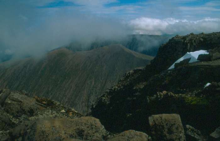 Carn Mor Dearg, seen in center (1221 meters, 4006'), the eight highest mountain in Scotland from the summit of Ben Nevis.