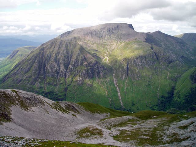 The south face of Ben Nevis. The tourist track follows the left skyline. Photo courtesy of Wikipedia.
