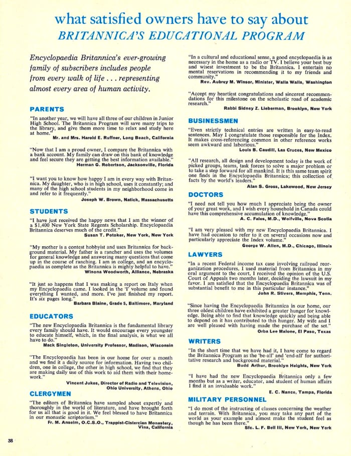In 1969 Encyclopedia Britannica's every-gowning family of subscribers included people from every walk of life …. representing almost every area of human activity.