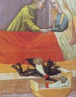 The devil steals a baby, leaving a concealed Changeling. Early 15th century, detail of "The legend of St. Stephen" by Martino di Bartolomeo