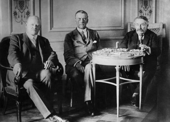 Gustav Stresemann, Austen Chamberlain, and Aristide Briand - the foreign ministers of Germany, the United Kingdom, and France - during the negotiations for the Locarno Pact