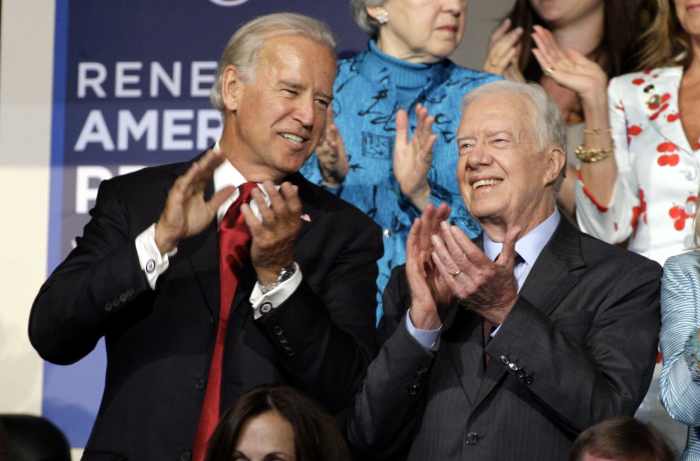Former President Jimmy Carter and then-Democratic Vice Presidential Nominee Joe Biden at the 2008 Democratic National Convention in Denver, Colorado.