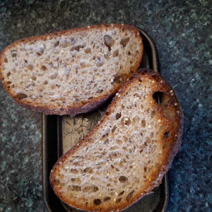 These dampened and baked slices of bread are still very crunchy on the crust, but the insides are soft.