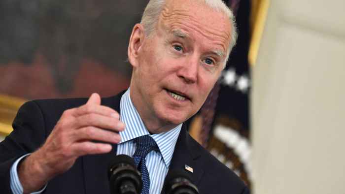 President Joe Biden speaks about the April jobs report in the East Room of the White House on May 7.