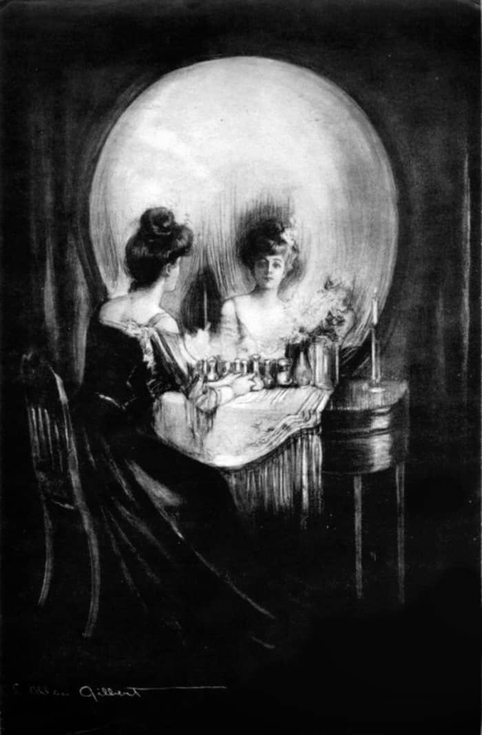 The ever famous 'All Is Vanity' optical illusion. Do you see a woman looking into a mirror or a skull?
