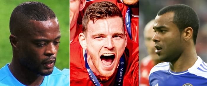 Patrice Evra, Andrew Robertson, and Ashley Cole (left to right).