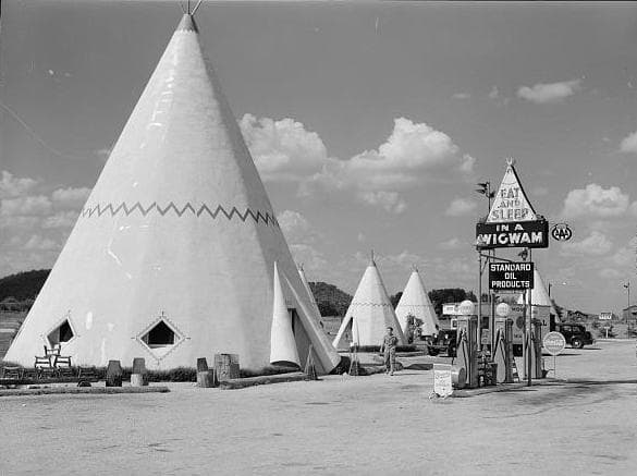 Teepees and totem poles became symbols to motorists of the 1950s and 1960s who drive across America on vacation on the new highway system.
