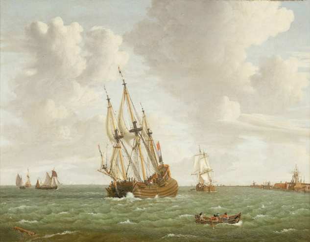 This Dutch ship is sailing by the wind. Alas, I couldn't find a public domain image of a tall ship sailing large.