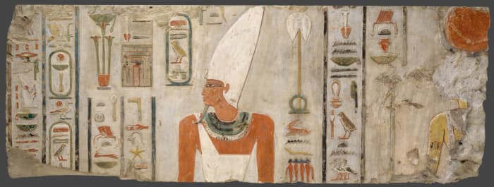 A Block from the Sanctuary in the Temple of Mentuhotep II at Deir el-Bahri. Made during the Middle Kingdom in Dynasty 11, during the reign of Mentuhotep II. Found at Egypt, Upper Egypt; Thebes, Deir el-Bahri, Temple of Nebhepetre Mentuhotep, EEF 1907