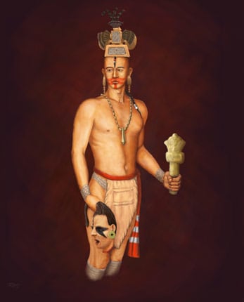 Mississippian priest, with a ceremonial flint mace, image by Herb Roe, based on a repoussé copper plate