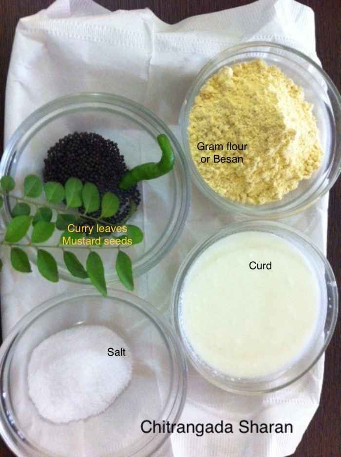 Ingredients for Quick Besan Dhokla recipe—Gram flour or Besan, Curd, Salt, Mustard seeds, Curry Leaves