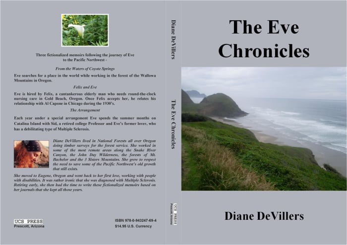 Three novels in one paperback book, 'From the Waters of Coyote Springs", Felix and Eve" and "The Arrangement" based om, the Wallowa Mts, Gold Beach, Eugene and Catalina Island. 2 of the books are about Eve being a care provider. One person with MS.