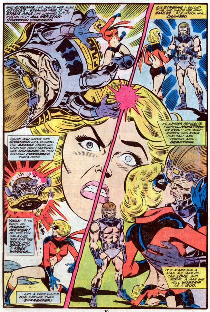Carol Danvers (Ms. Marvel) mentally seduced by MODOK - Mental Organism Designed Only for Kissing, I guess.