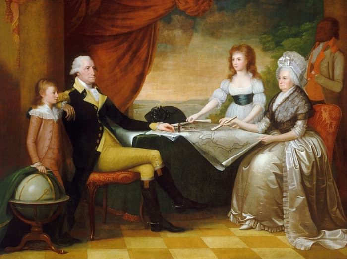 An 18th century painting of George and Martha Washington with their adoptive children, George Washington Parke Custis and Nelly Custis, as well as one of their slaves.