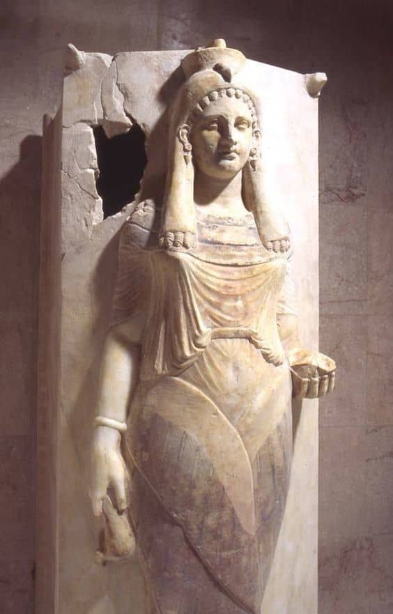 Sarcophagus Lid with Representation of a Priestess or a Winged Lady. This Carthaginian sculpture dates around the 4th-3rd century BC. This masterpiece was made of marble and found at Carthage.