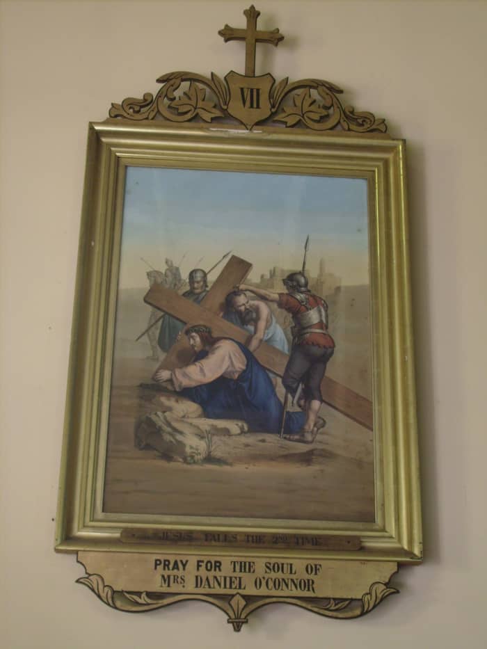 Seventh Station of the Cross in memory of Daniel' O'Connor's wife Bridget Trainor O'Connor. St. Patrick's Catholic Church, Landsdowne, Ontario, Canada.
