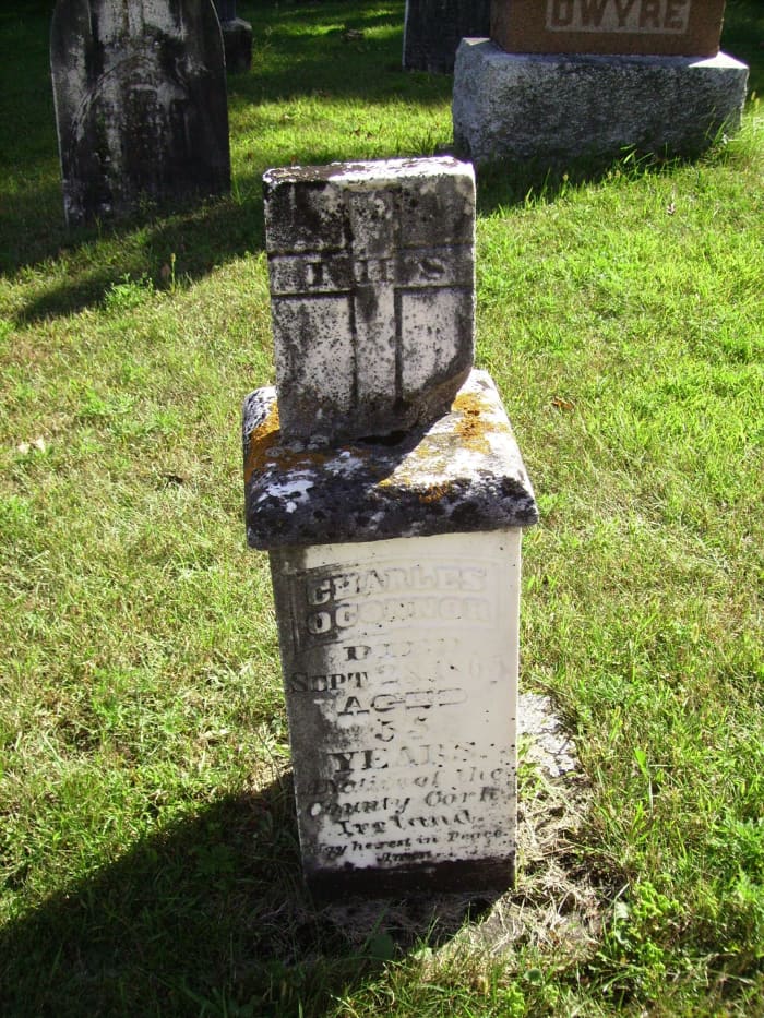 Grave of Charles O'Connor (1810-1865) in Holy Japanese Martyrs Catholic cemetery in Phillipsville, Ontario, Canada.
