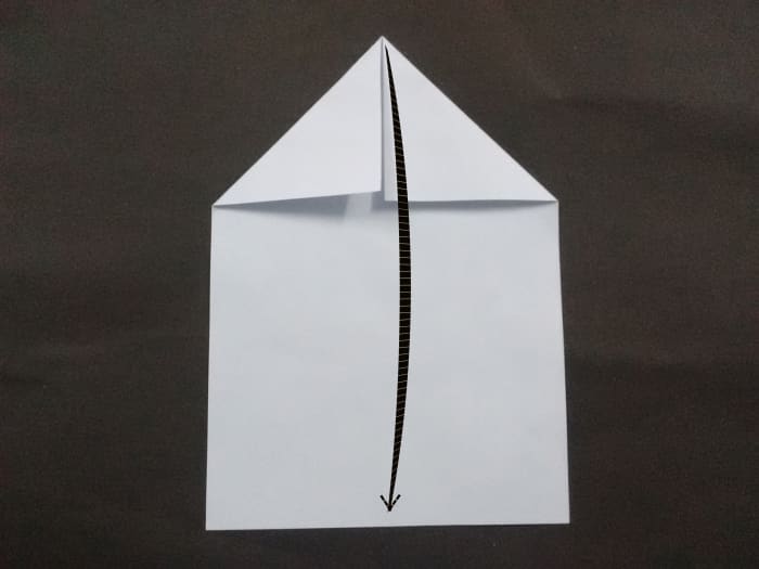 Now you need to fold the tip of the triangular head to the bottom of the page. It should touch the middle of the page.