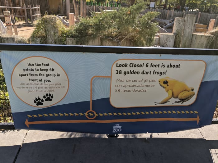 Social Distancing sign at Tucson's Reid Park Zoo showing how to calculate the 6 foot distance. Unfortunately it was hard to find 38 golden dart frogs and get then to line up in a straight line.