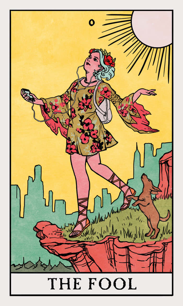 The Fool will appear different in different decks. Certain characteristics tend to be the same: a youth standing at an edge, a dog with them, mountains or buildings in the background, bright colors, and a stylish outfit.