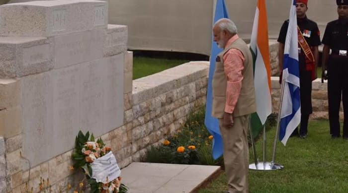 Modi lays wreath at Indian cemetery at Haifa, which Indian cavalry regiments helped liberate in 1918.
