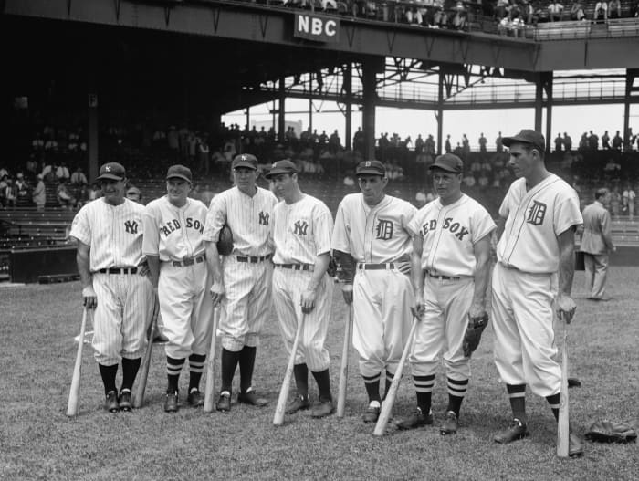 Bill Dickey (third from left) was among the many sluggers on the 1937 American League All-Star team.