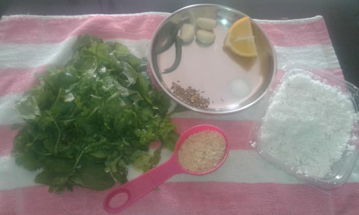 Ingredients for chutney: Coriander and mint leaves, green chilli, garlic cloves, roasted cumin seeds and coriander seeds, salt, lemon. breadcrumbs and grated coconut