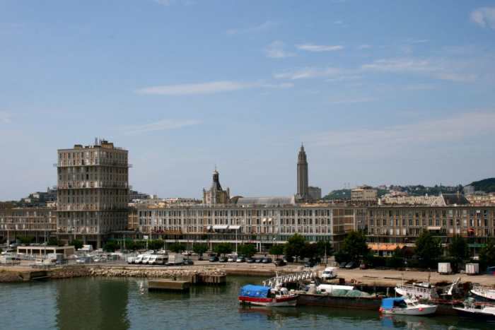 Le Havre as seen from a ferry leaving port.
