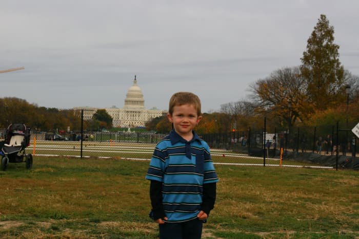 The author's five-year-old son in front of the Capitol building on the National Mall.