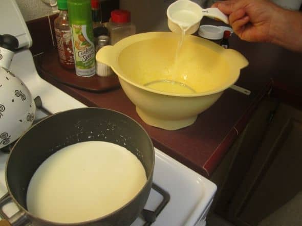 Step 3: Pour 1/2 a cup of the warm milk mixture from the saucepan into the whipped egg mixture in the bowl and stir it up.