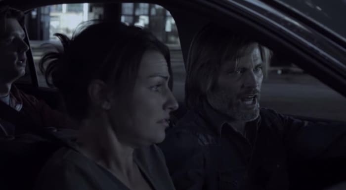With a whole lot of dumb questions, the Sims family Johnny (Bryan Head in the backseat) Mona (Sarah Lieving) and Nathan (Casper Van Dien) are chased by a massive tornado and flood