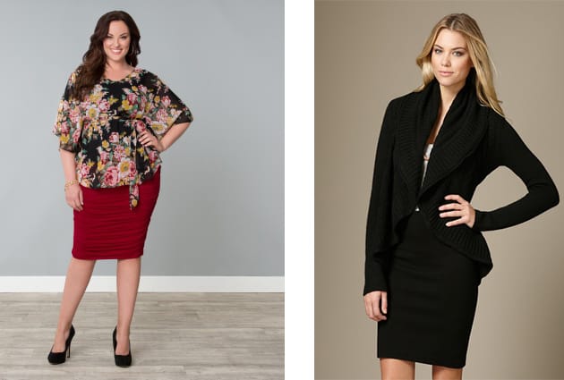 The Kimono top and ruched pencil skirt is from Kiyonna and the sweater can be found at Gilt.