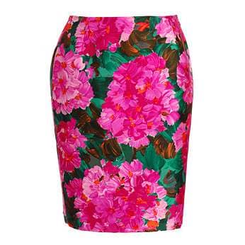 When going for prints use a large print on your lower have like this bold floral. It takes very few of thse large flowers to cover your hips.