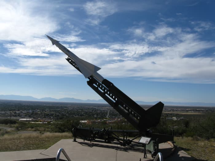 Nike Ajax on launcher - world's first operational missile designed to destroy high altitude enemy aircraft.