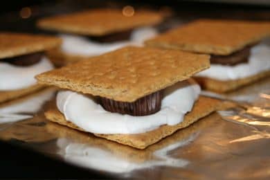 To make chocolate peanut butter S'mores simply use miniature peanut butter cups instead of chocolate bar pieces.
