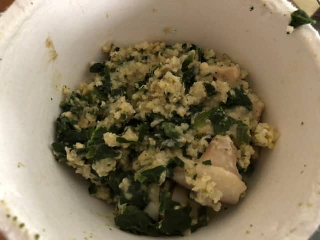 Spinach and Shitaake grits, cooked, lookin pretty much the same. The “grits” bowls are a new thing, and I’m not sure I dig them. I added an egg to this one but I think it needed some milk or something creamy to go with