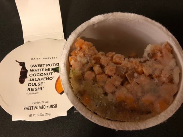 Sweet Potato and Miso Puréed Soup. Now, if you haven’t noticed, I don’t order smoothies on Daily Harvest. That’s because I only use DH for my dinners. But one night, I was tired.