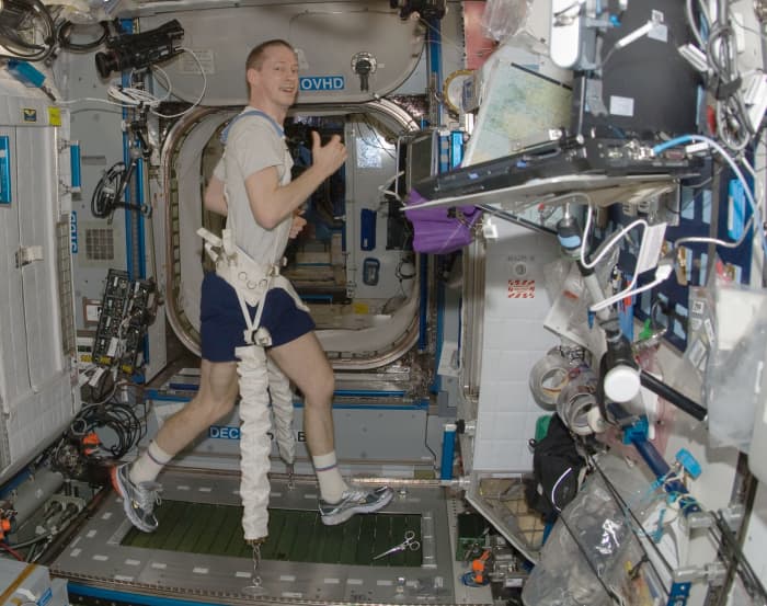 Astronaut Frank De Winne, attached to the TVIS treadmill with bungee cords aboard the ISS