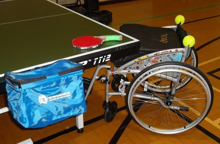 The table tennis equipment I am using after a year of experiment with blades and rubbers, additional support and wheelchair adaptations.
