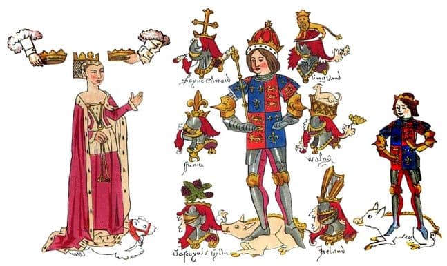 Detail from the Rous Roll. King Richard III with Anne Neville and Edward of Middleham, Prince of Wales.