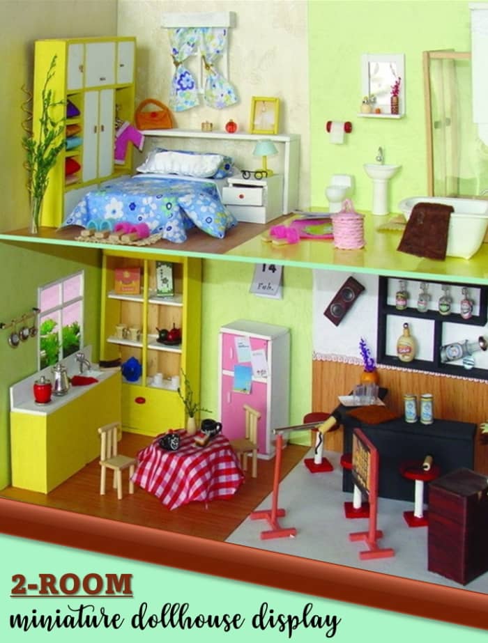 A two-room miniature house with simple furniture and furnishings. A beginner miniatures crafter can start off with a projects as simple as a 1 or 2 room space to gain the required skills.