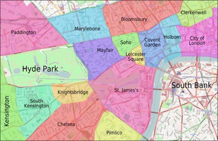 The areas of central London. St. James's broadly covers the Manor of Eia/Ebury.