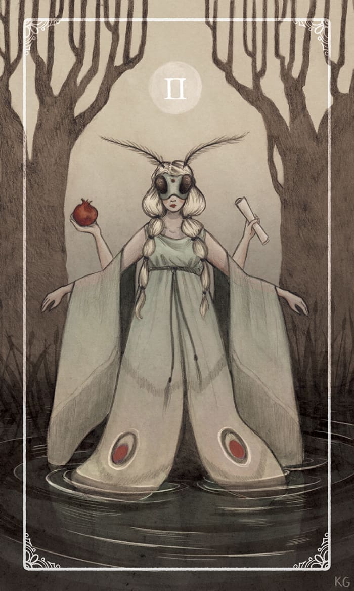 The High Priestess is the second trump card of the Major Arcana. She represents femininity, the subconscious, the connection between mortals and the divine, and secrets.